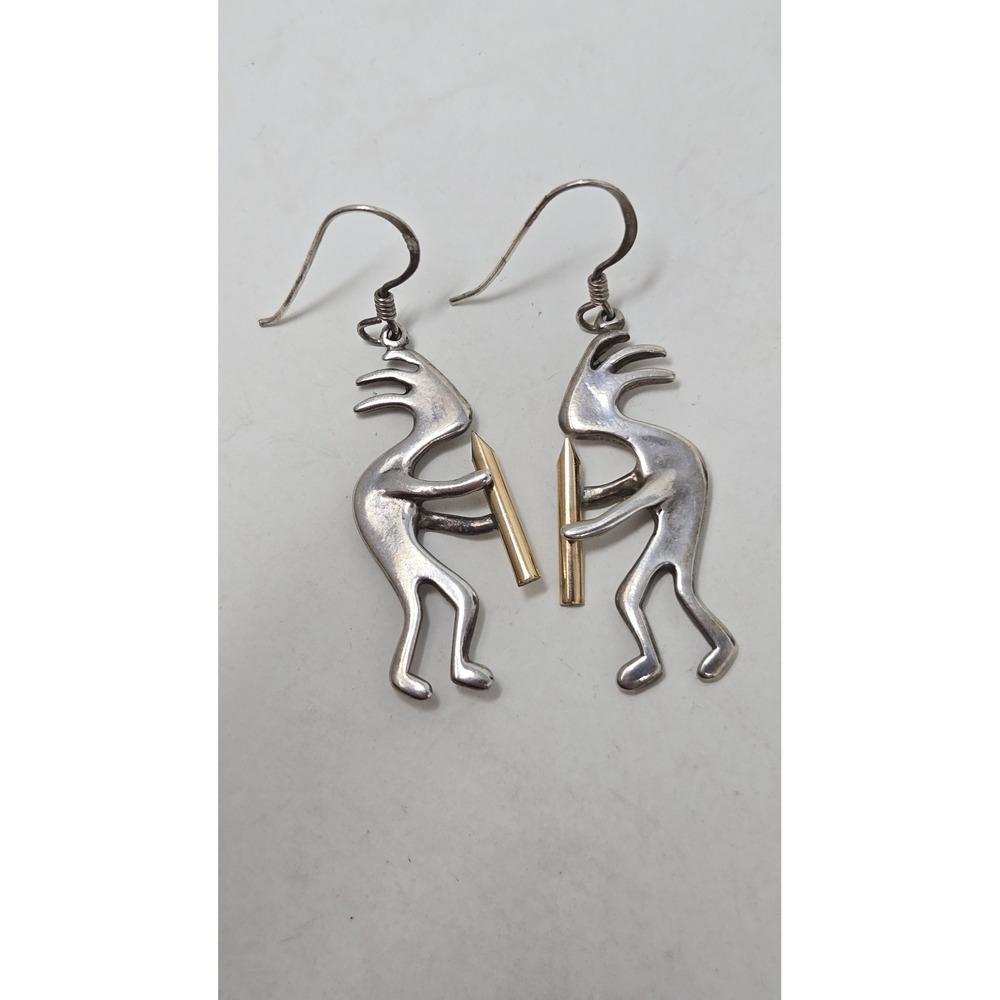 Vintage Kokopelli Sterling Silver Mixed Metal Flute Player Dangle Earrings 1.5"